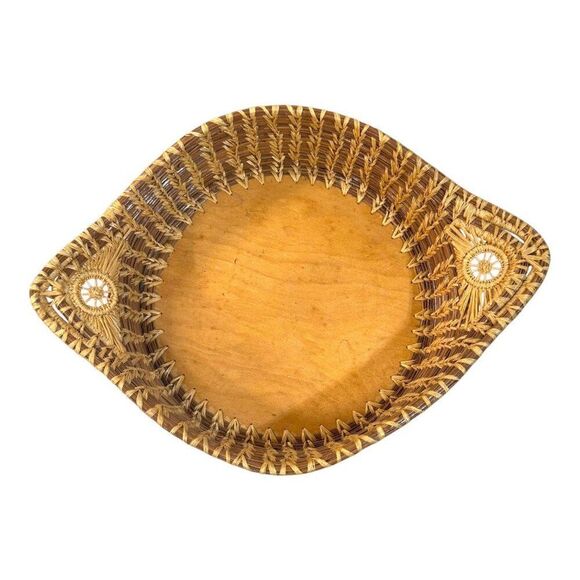 Handcrafted Pine Needle Straw Woven Rattan & Wood Decorative Basket Dish Handles - Picture 2 of 7